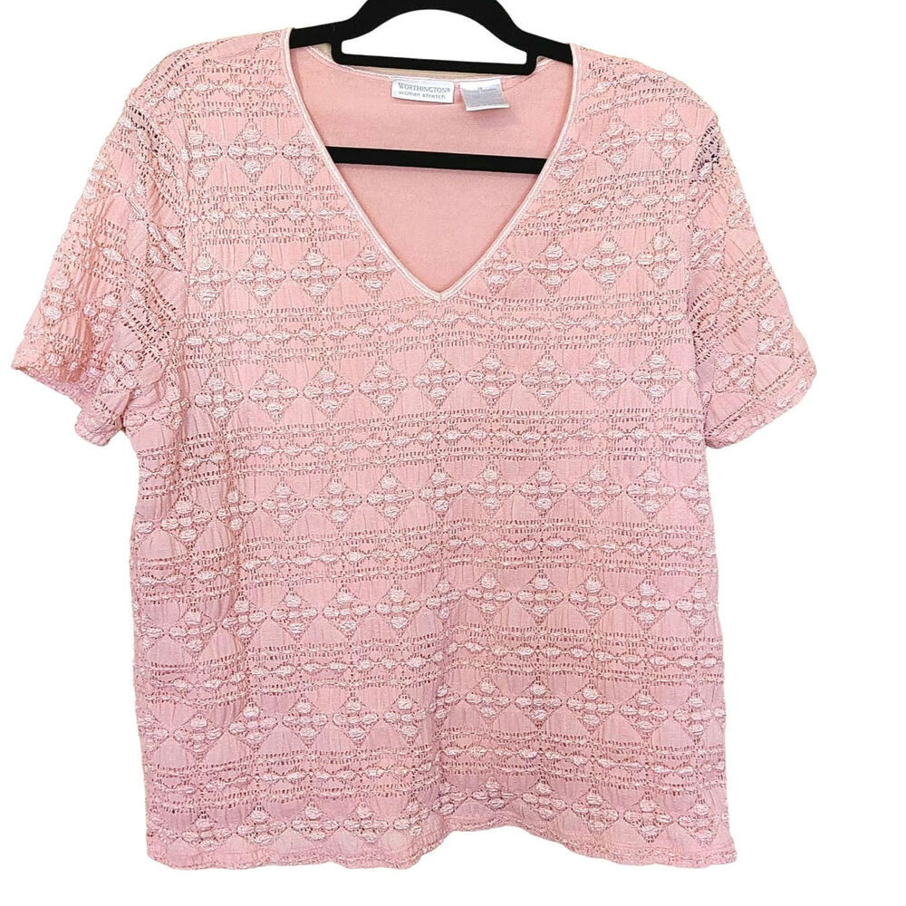Worthington Woman Stretch Pink Size 1X Plus Size Short Sleeve Top Blouse